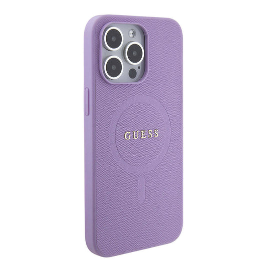 Apple iPhone 15 Pro Max Case Guess Original Licensed M-safe Charging Feature Text Logo Saffiano Cover Light Purple