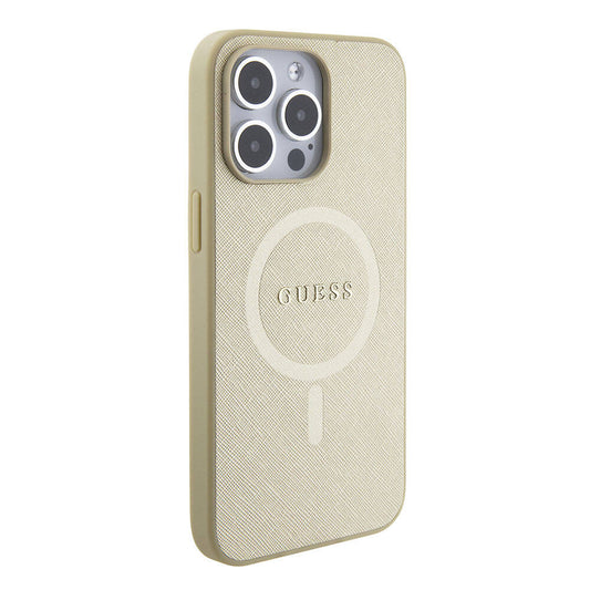 Apple iPhone 15 Pro Max Case Guess Original Licensed M-safe Charging Feature Saffiano Cover Cream with Text Logo