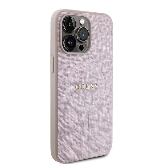 Apple iPhone 15 Pro Max Case Guess Original Licensed M-safe Charging Feature Saffiano Cover Pink with Text Logo
