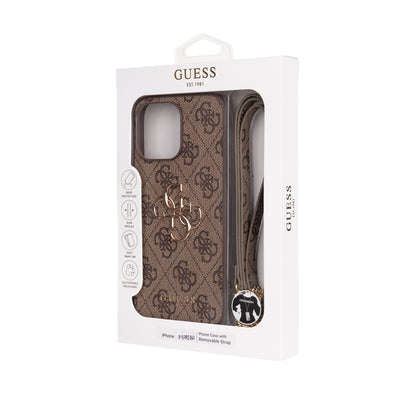 Apple iPhone 15 Pro Max Kılıf Guess Orjinal Lisanslı PU Deri 4G Büyük Metal Logolu Çapraz Vücut Askılı Kapak Pembe