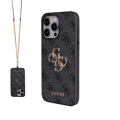 Apple iPhone 15 Pro Max Kılıf Guess Orjinal Lisanslı PU Deri 4G Büyük Metal Logolu Çapraz Vücut Askılı Kapak Siyah