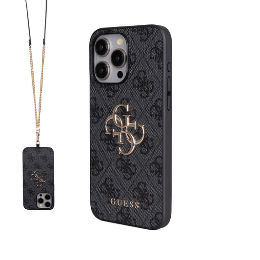 Apple iPhone 15 Pro Max Kılıf Guess Orjinal Lisanslı PU Deri 4G Büyük Metal Logolu Çapraz Vücut Askılı Kapak Siyah