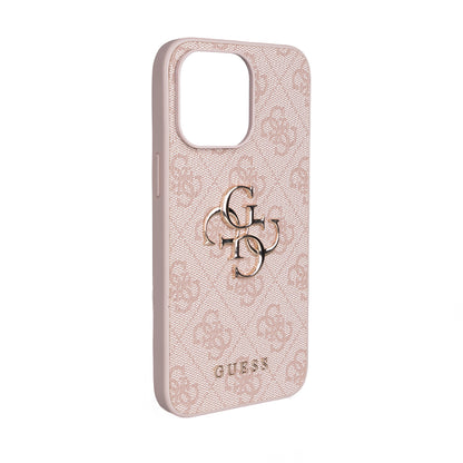Apple iPhone 15 Pro Max Kılıf Guess Orjinal Lisanslı PU Deri 4G Büyük Metal Logolu Çapraz Vücut Askılı Kapak Pembe