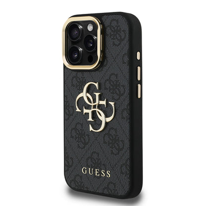 Apple iPhone 15 Pro Max Kılıf Guess Orjinal Lisanslı PU Deri 4G Desenli Metal Büyük 4G ve Yazı Logolu Kamera Standlı Kapak Mavi