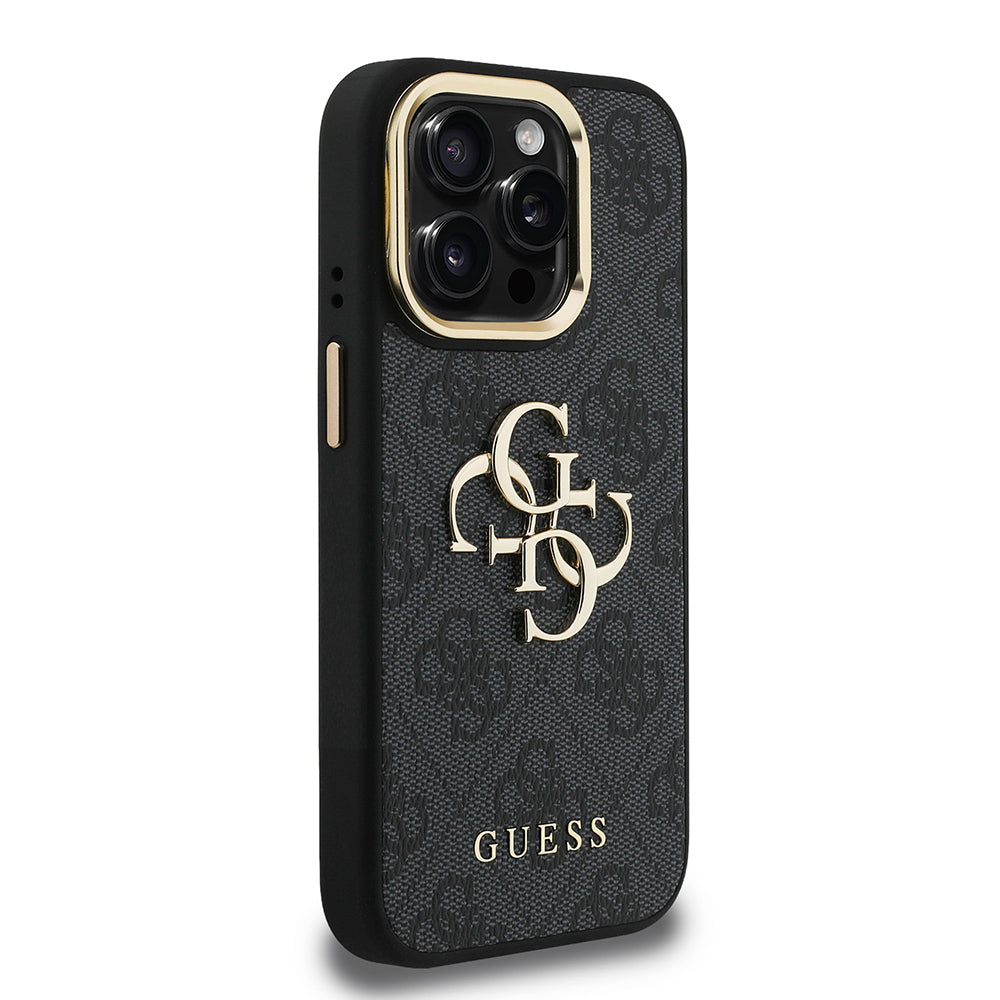 Apple iPhone 15 Pro Max Kılıf Guess Orjinal Lisanslı PU Deri 4G Desenli Metal Büyük 4G ve Yazı Logolu Kamera Standlı Kapak Mavi
