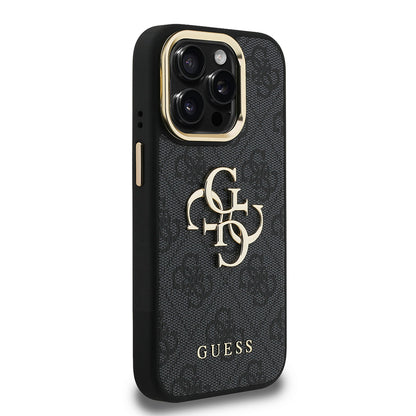 Apple iPhone 15 Pro Max Kılıf Guess Orjinal Lisanslı PU Deri 4G Desenli Metal Büyük 4G ve Yazı Logolu Kamera Standlı Kapak Mavi