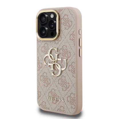 Apple iPhone 15 Pro Max Kılıf Guess Orjinal Lisanslı PU Deri 4G Desenli Metal Büyük 4G ve Yazı Logolu Kamera Standlı Kapak Siyah