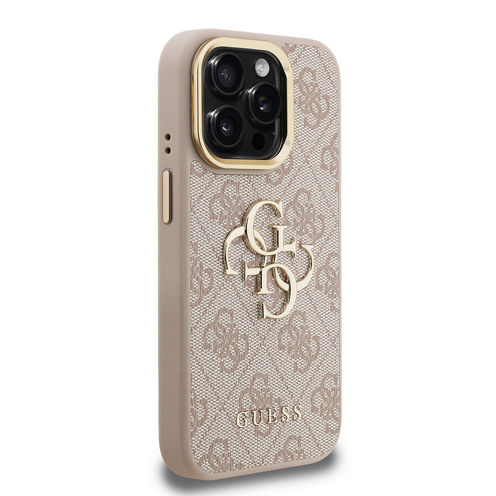 Apple iPhone 15 Pro Max Kılıf Guess Orjinal Lisanslı PU Deri 4G Desenli Metal Büyük 4G ve Yazı Logolu Kamera Standlı Kapak Mavi