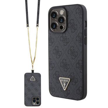 Apple iPhone 15 Pro Max Case Guess Original Licensed PU Leather Strap Stone Triangle Logo 4G Patterned Strass Crossbody Cover Brown