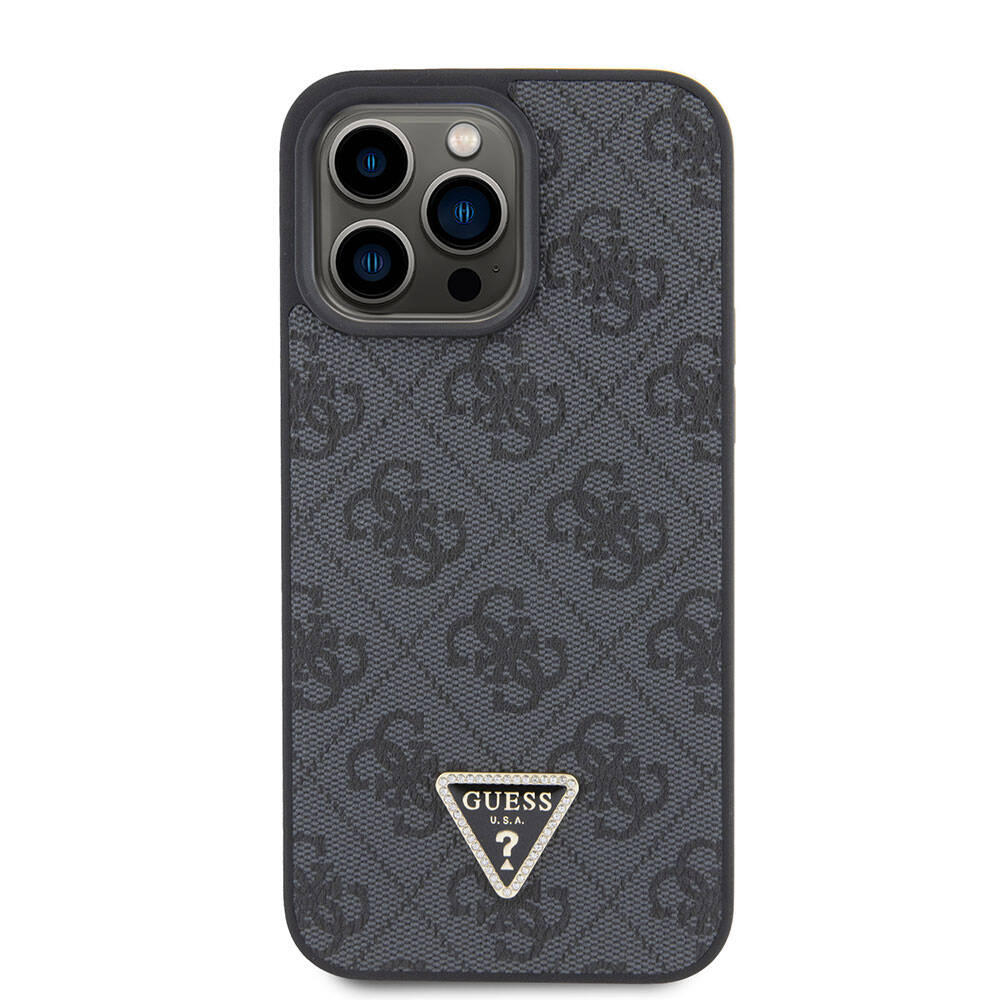 Apple iPhone 15 Pro Max Case Guess Original Licensed PU Leather Strap Stone Triangle Logo 4G Patterned Strass Crossbody Cover Pink