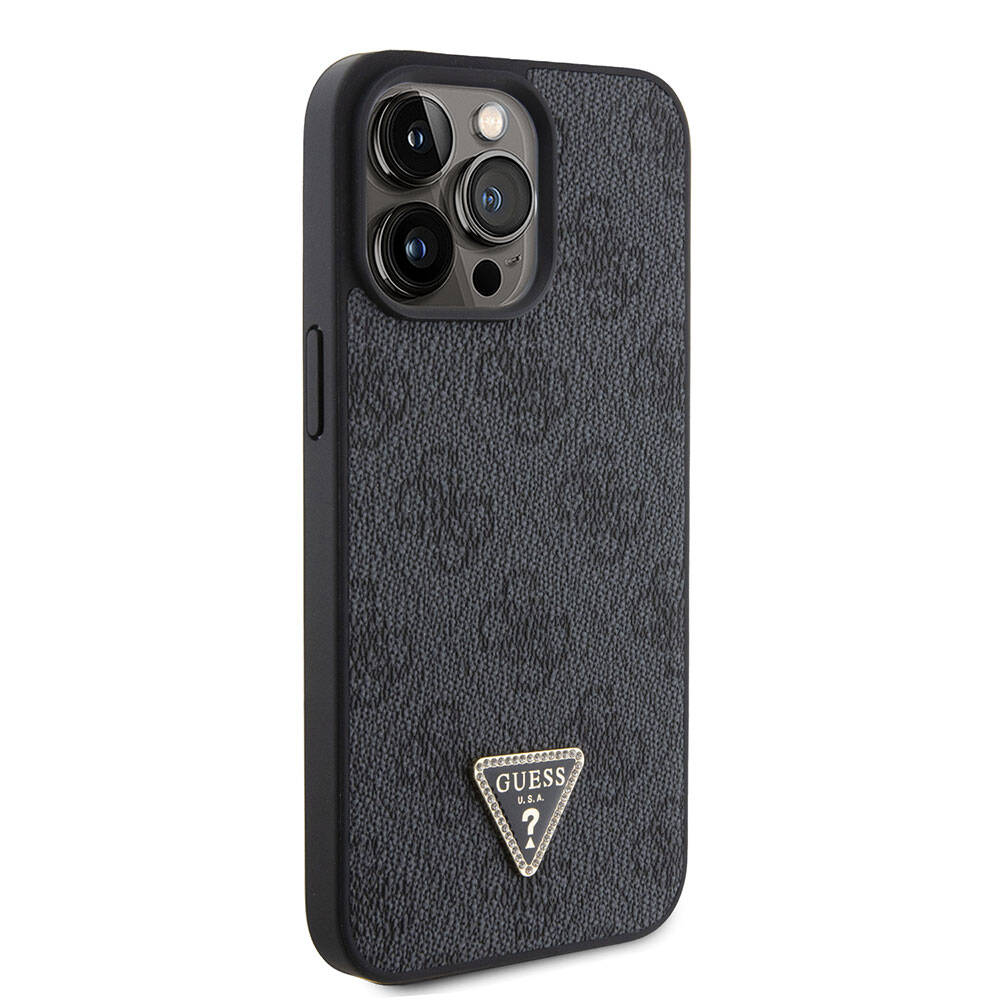 Apple iPhone 15 Pro Max Case Guess Original Licensed PU Leather Strap Stone Triangle Logo 4G Patterned Strass Crossbody Cover Black