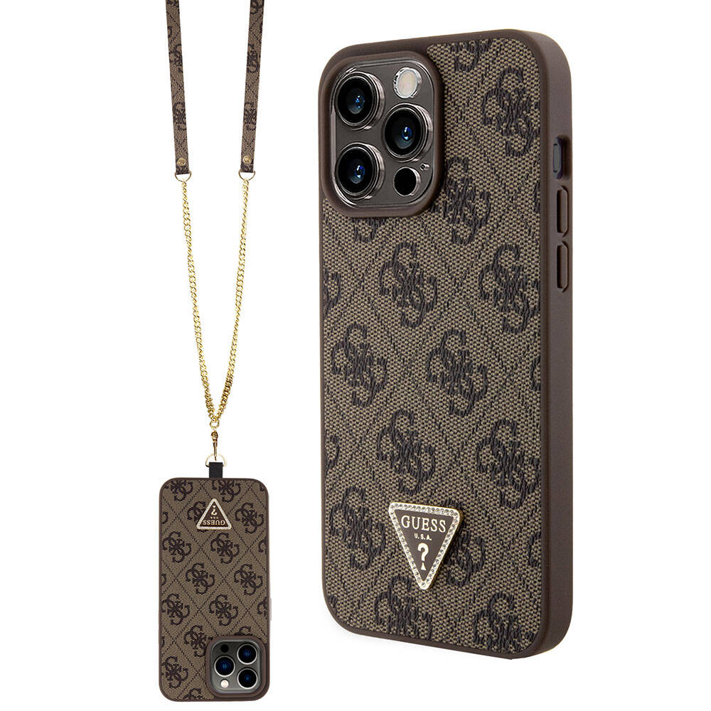 Apple iPhone 15 Pro Max Case Guess Original Licensed PU Leather Strap Stone Triangle Logo 4G Patterned Strass Crossbody Cover Black
