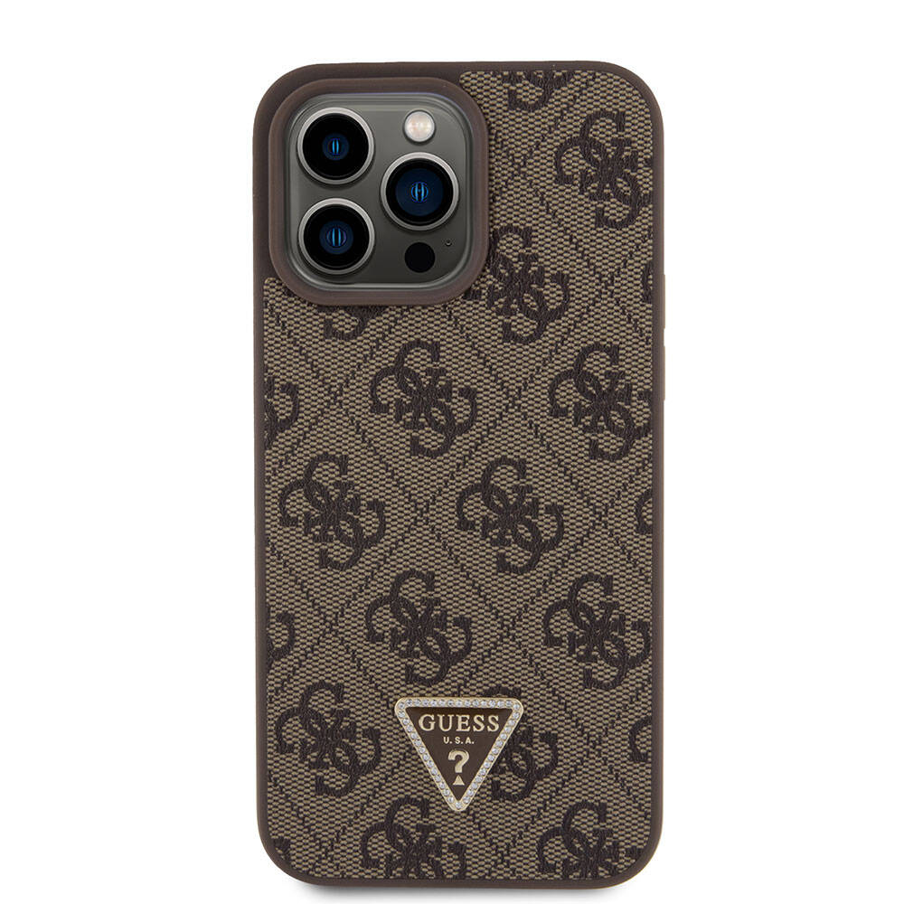 Apple iPhone 15 Pro Max Case Guess Original Licensed PU Leather Strap Stone Triangle Logo 4G Patterned Strass Crossbody Cover Pink
