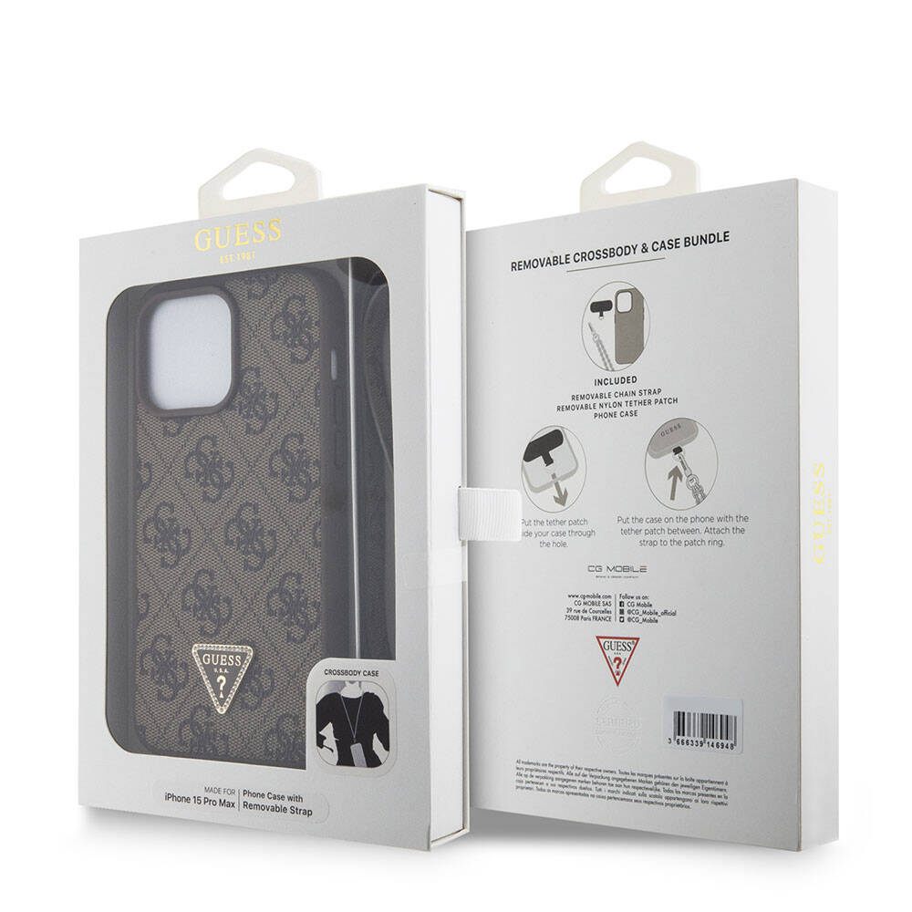 Apple iPhone 15 Pro Max Case Guess Original Licensed PU Leather Strap Stone Triangle Logo 4G Patterned Strass Crossbody Cover Black