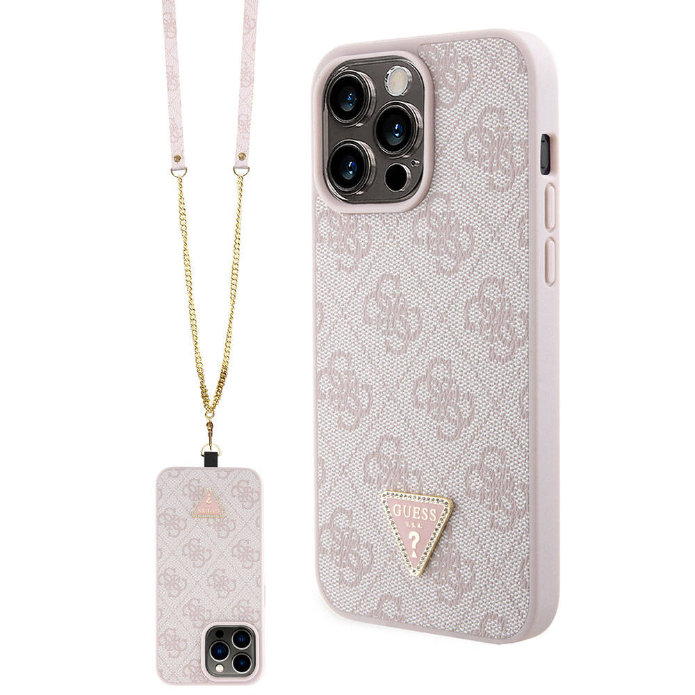Apple iPhone 15 Pro Max Case Guess Original Licensed PU Leather Strap Stone Triangle Logo 4G Patterned Strass Crossbody Cover Brown