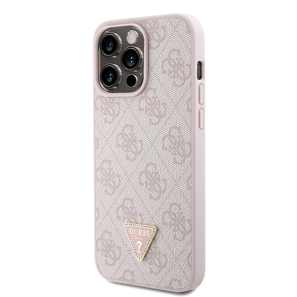 Apple iPhone 15 Pro Max Case Guess Original Licensed PU Leather Strap Stone Triangle Logo 4G Patterned Strass Crossbody Cover Pink