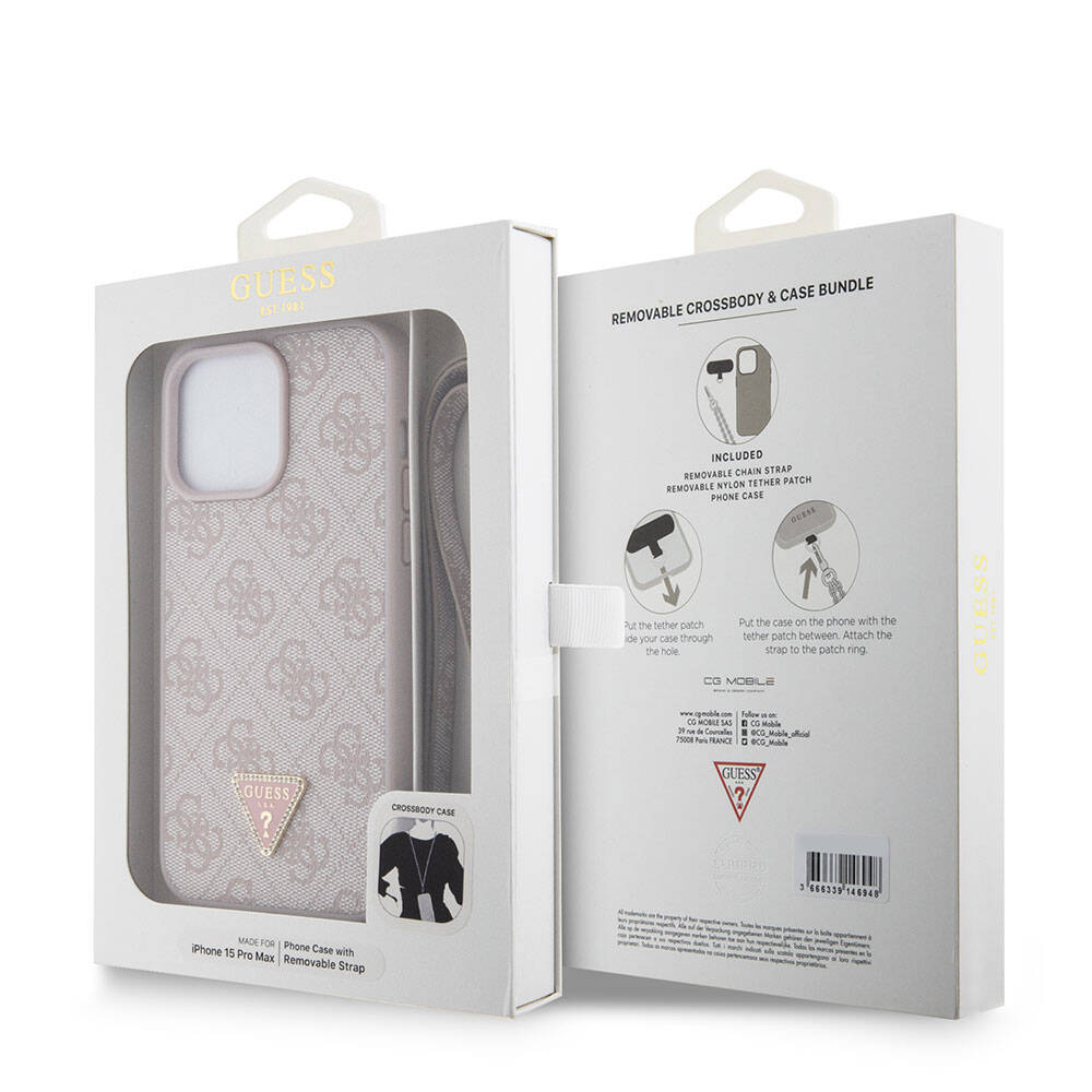Apple iPhone 15 Pro Max Case Guess Original Licensed PU Leather Strap Stone Triangle Logo 4G Patterned Strass Crossbody Cover Pink