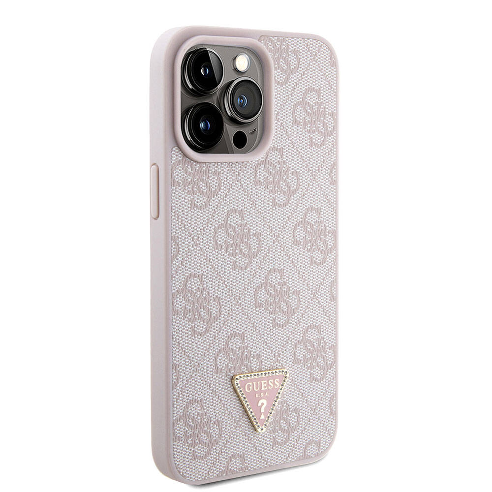 Apple iPhone 15 Pro Max Case Guess Original Licensed PU Leather Strap Stone Triangle Logo 4G Patterned Strass Crossbody Cover Pink