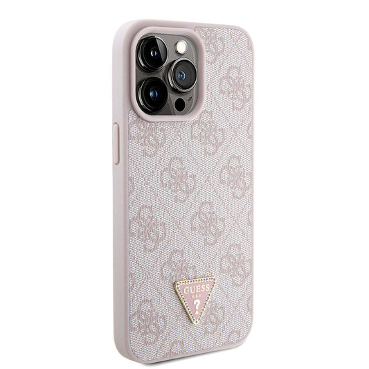 Apple iPhone 15 Pro Max Case Guess Original Licensed PU Leather Strap Stone Triangle Logo 4G Patterned Strass Crossbody Cover Pink