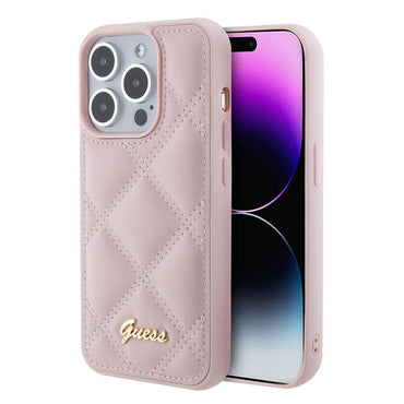 Apple iPhone 15 Pro Max Case Guess Original Licensed PU Leather Metal Lettering Logo Quilted Cover Pink