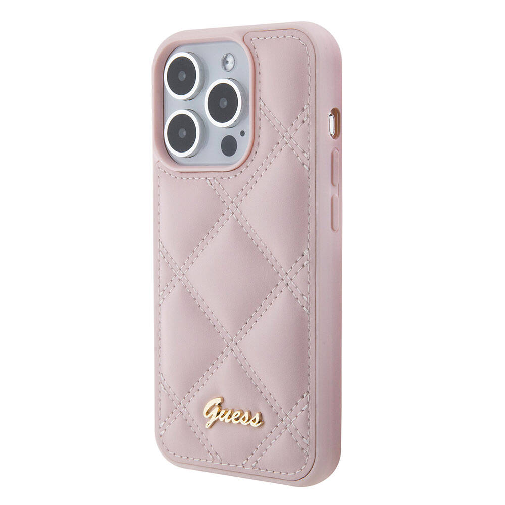 Apple iPhone 15 Pro Max Case Guess Original Licensed PU Leather Metal Lettering Logo Quilted Cover Pink
