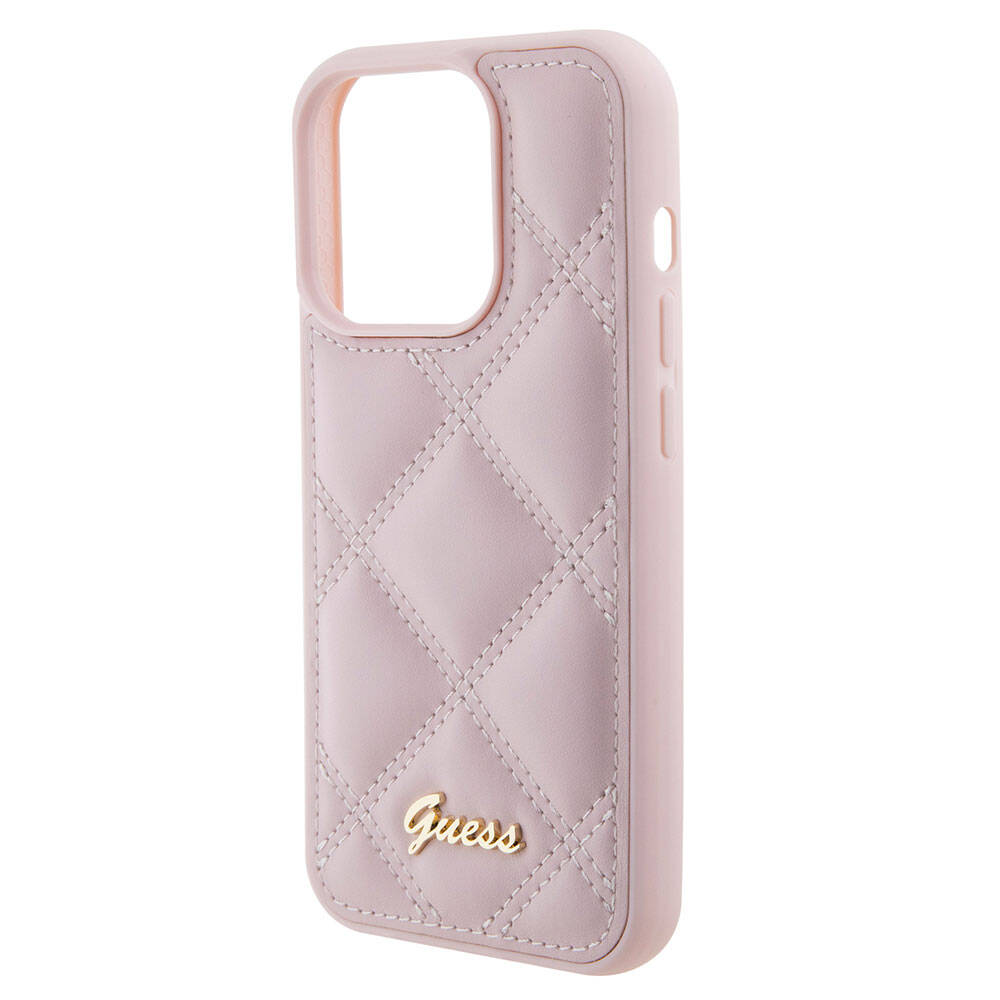 Apple iPhone 15 Pro Max Case Guess Original Licensed PU Leather Metal Lettering Logo Quilted Cover Pink