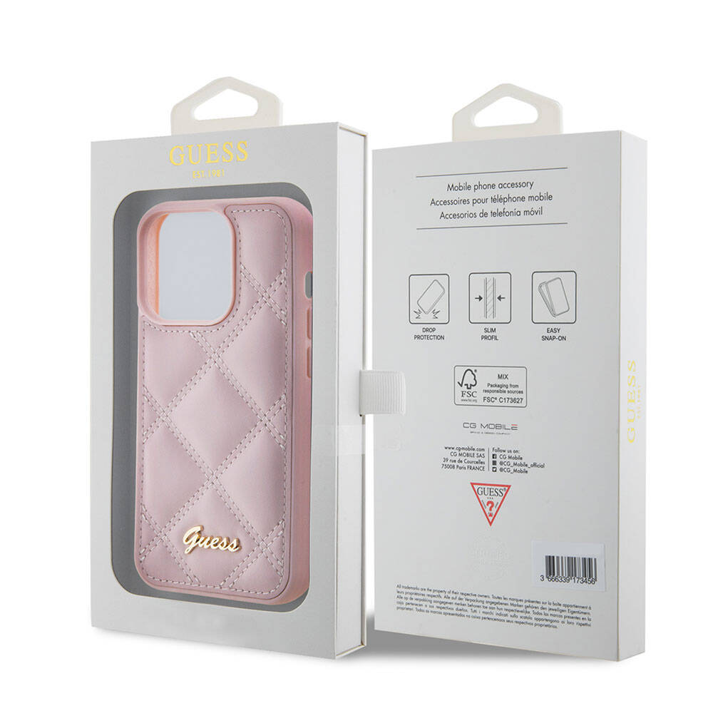 Apple iPhone 15 Pro Max Case Guess Original Licensed PU Leather Metal Lettering Logo Quilted Cover Pink
