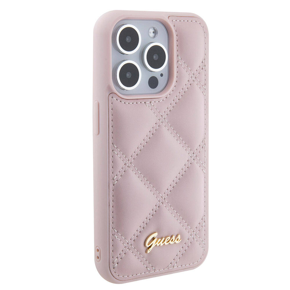 Apple iPhone 15 Pro Max Case Guess Original Licensed PU Leather Metal Lettering Logo Quilted Cover Pink