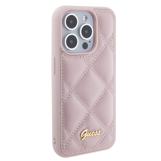 Apple iPhone 15 Pro Max Case Guess Original Licensed PU Leather Metal Lettering Logo Quilted Cover Pink