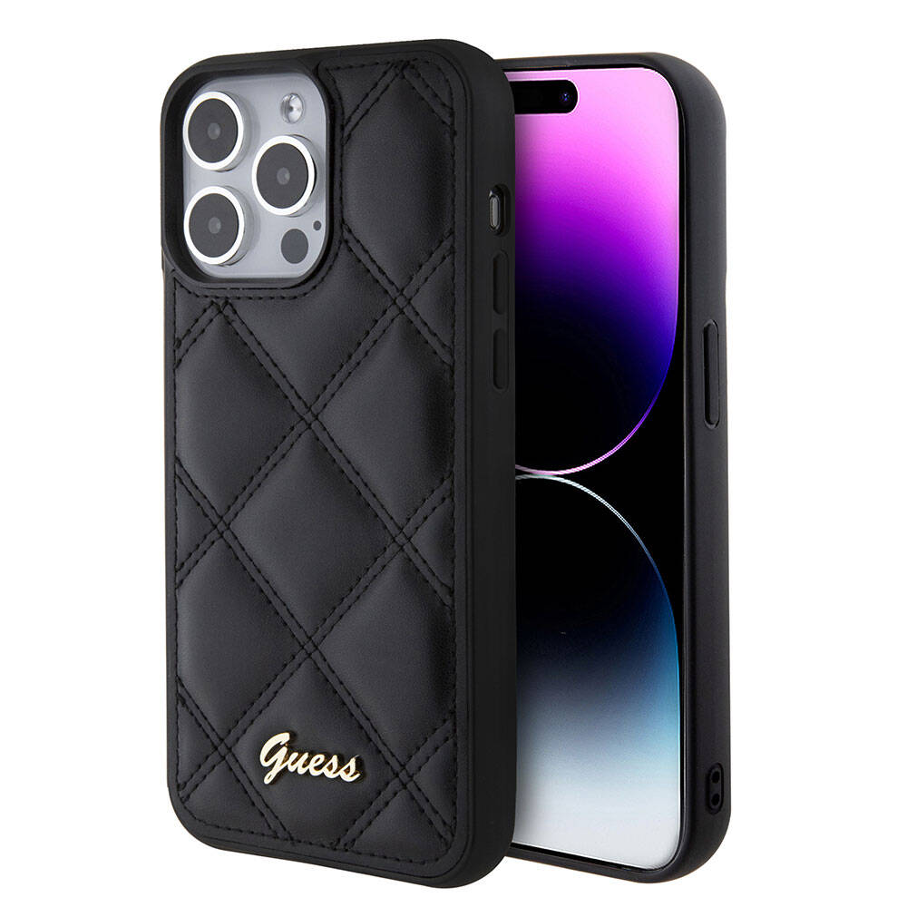 Apple iPhone 15 Pro Max Case Guess Original Licensed PU Leather Metal Lettering Logo Quilted Cover Pink