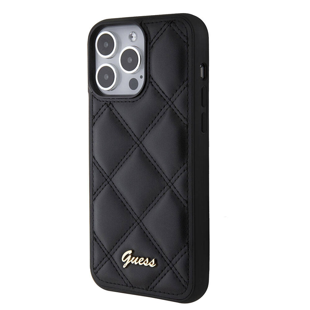 Apple iPhone 15 Pro Max Case Guess Original Licensed PU Leather Metal Lettering Logo Quilted Cover Pink