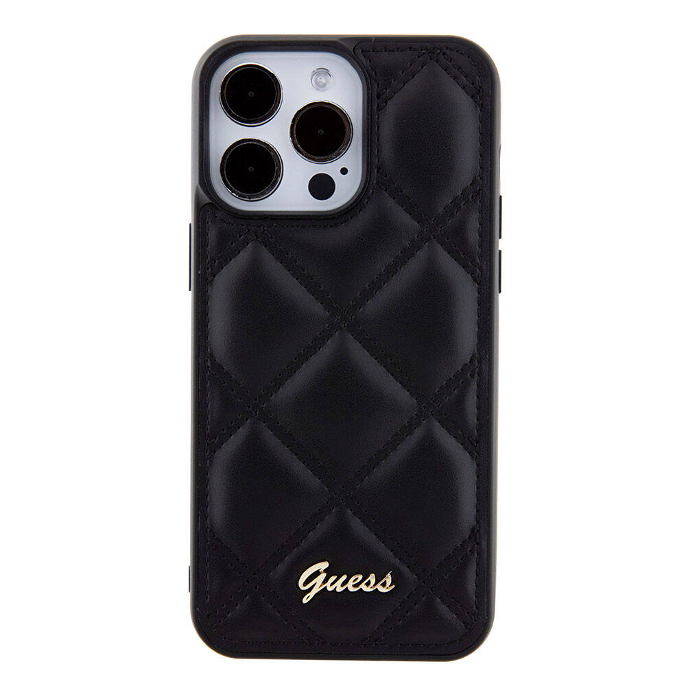 Apple iPhone 15 Pro Max Case Guess Original Licensed PU Leather Metal Lettering Logo Quilted Cover Pink