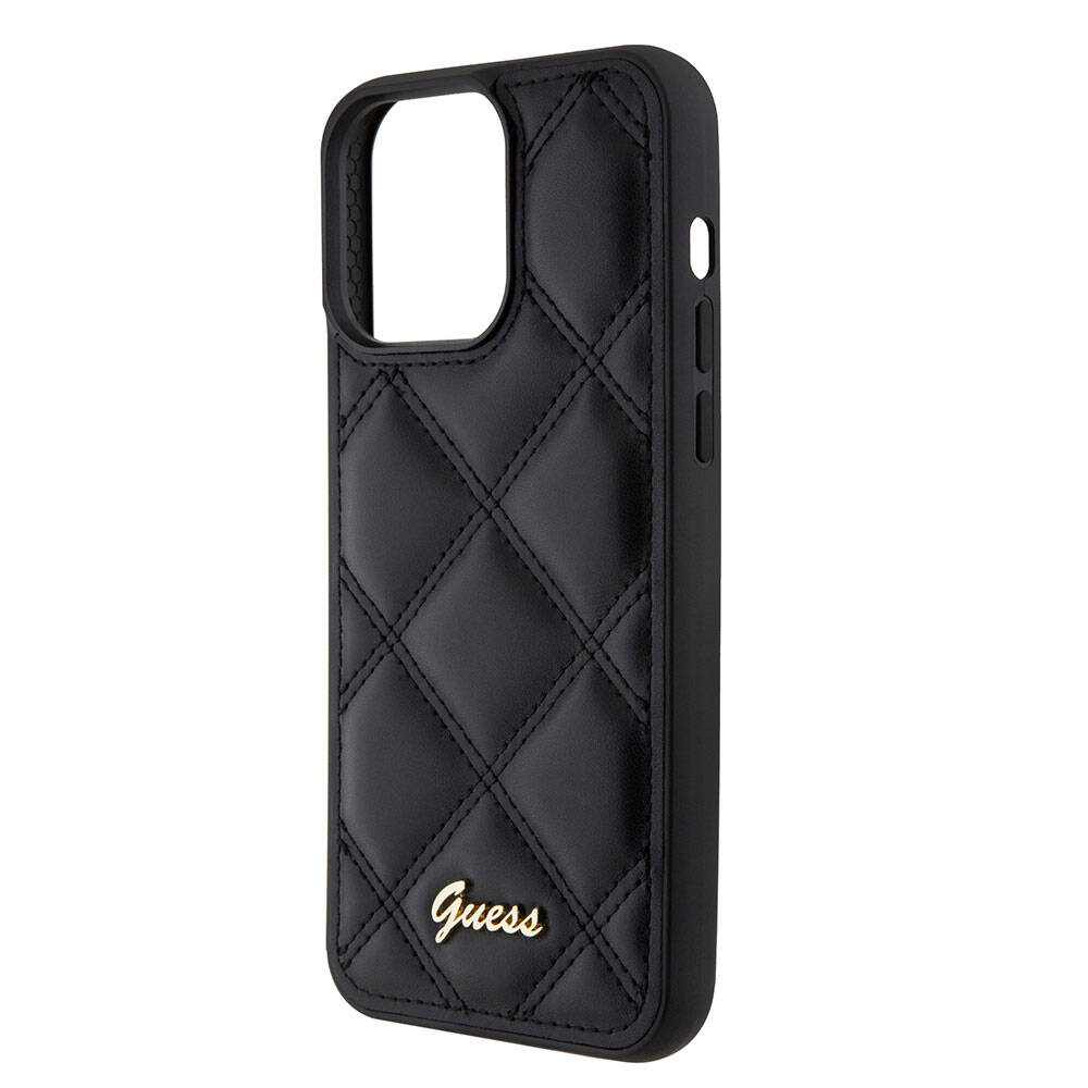 Apple iPhone 15 Pro Max Case Guess Original Licensed PU Leather Metal Lettering Logo Quilted Cover Pink