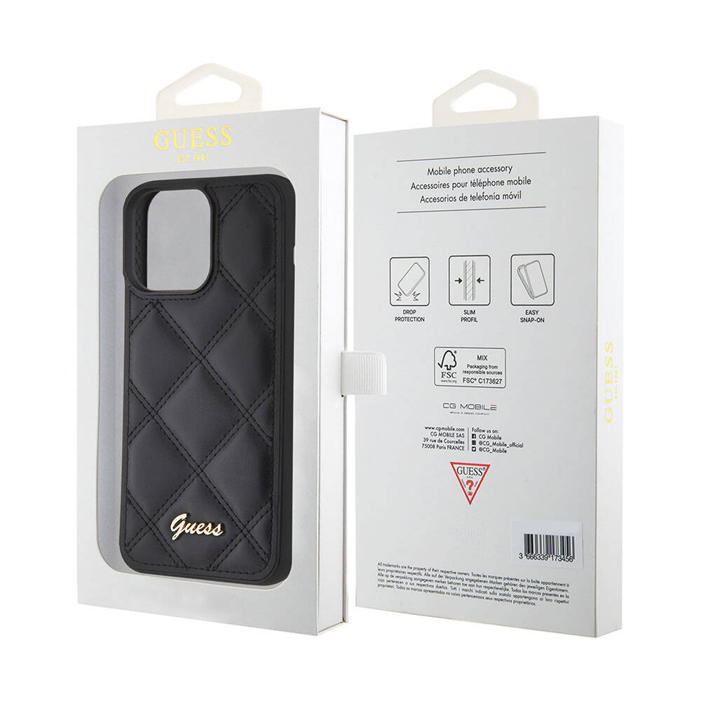 Apple iPhone 15 Pro Max Case Guess Original Licensed PU Leather Metal Lettering Logo Quilted Cover Pink