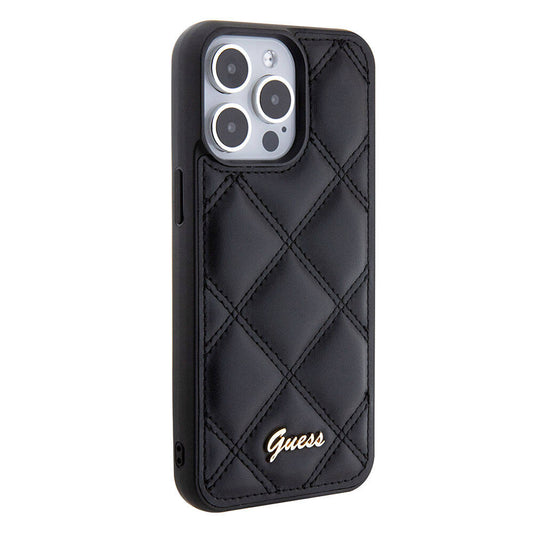 Apple iPhone 15 Pro Max Case Guess Original Licensed PU Leather Metal Lettering Logo Quilted Cover Black