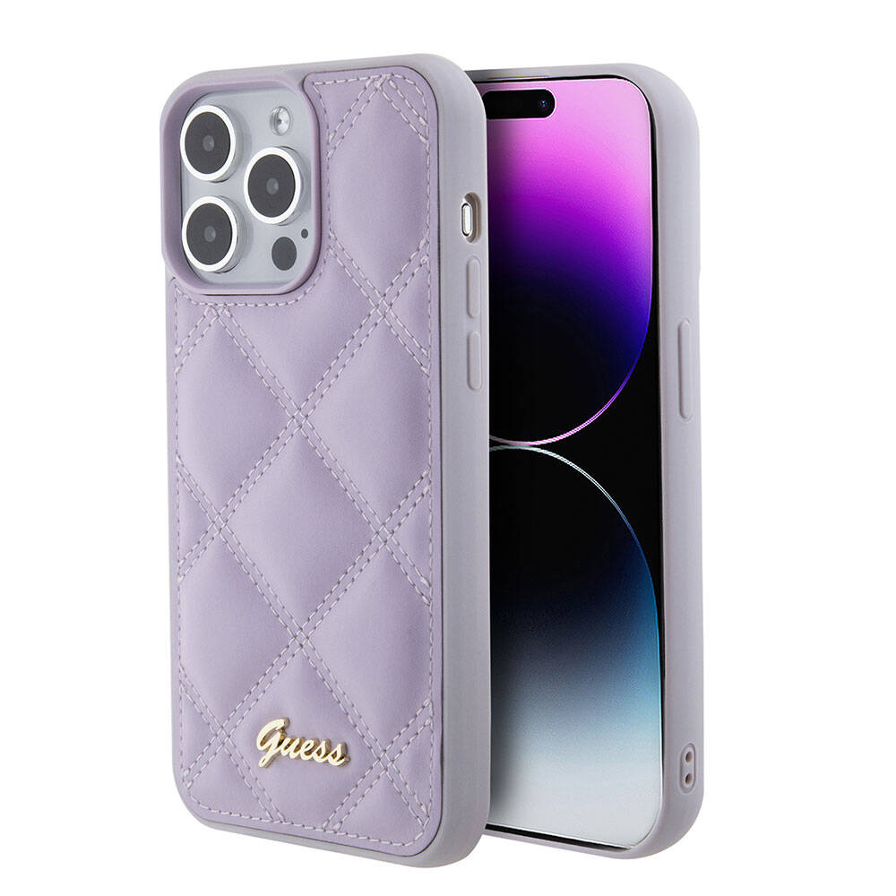 Apple iPhone 15 Pro Max Case Guess Original Licensed PU Leather Metal Lettering Logo Quilted Cover Pink