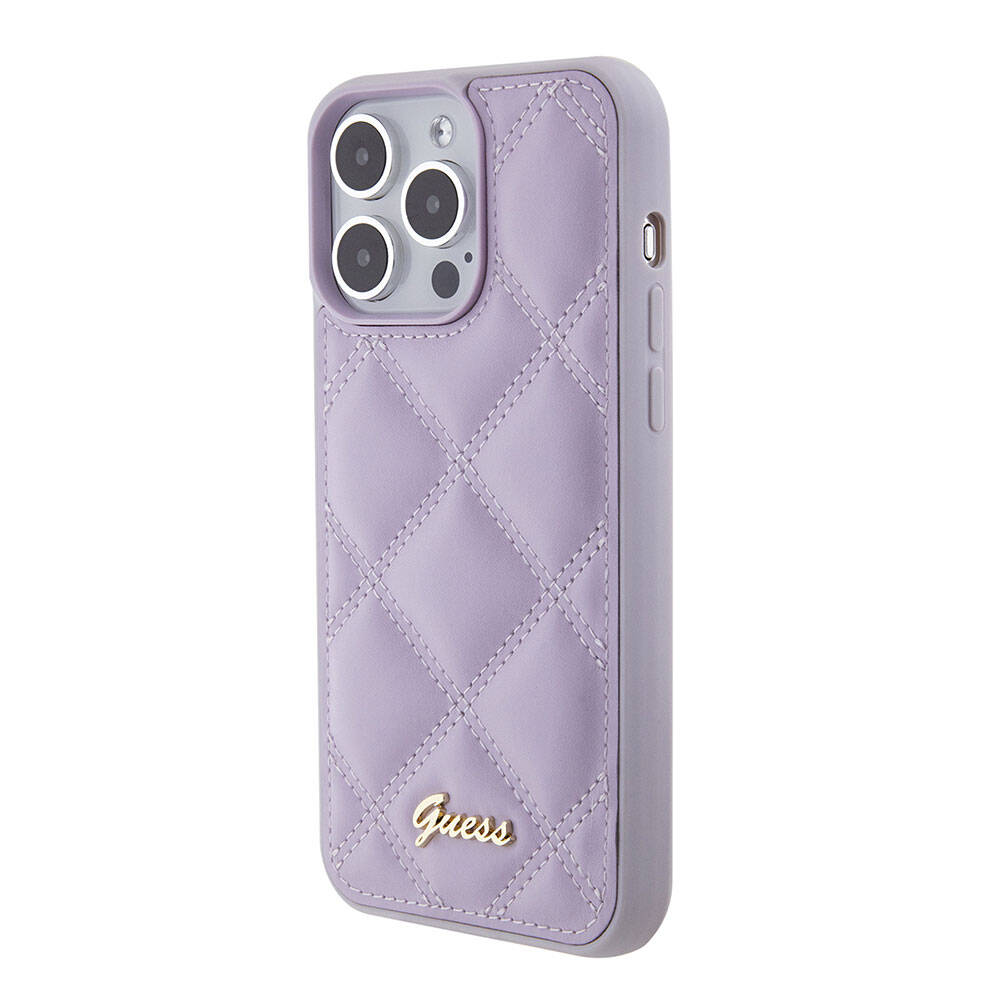 Apple iPhone 15 Pro Max Case Guess Original Licensed PU Leather Metal Lettering Logo Quilted Cover Pink