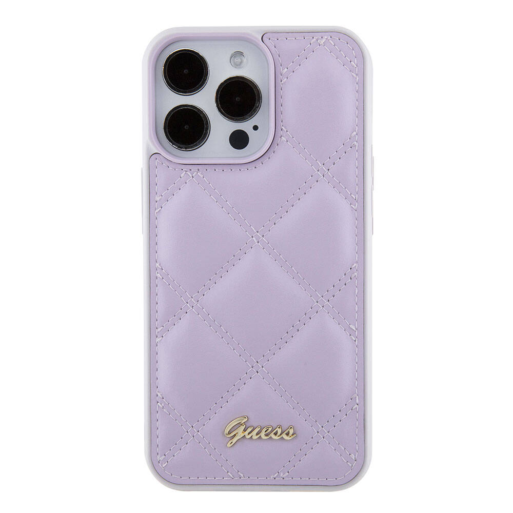 Apple iPhone 15 Pro Max Case Guess Original Licensed PU Leather Metal Lettering Logo Quilted Cover Pink