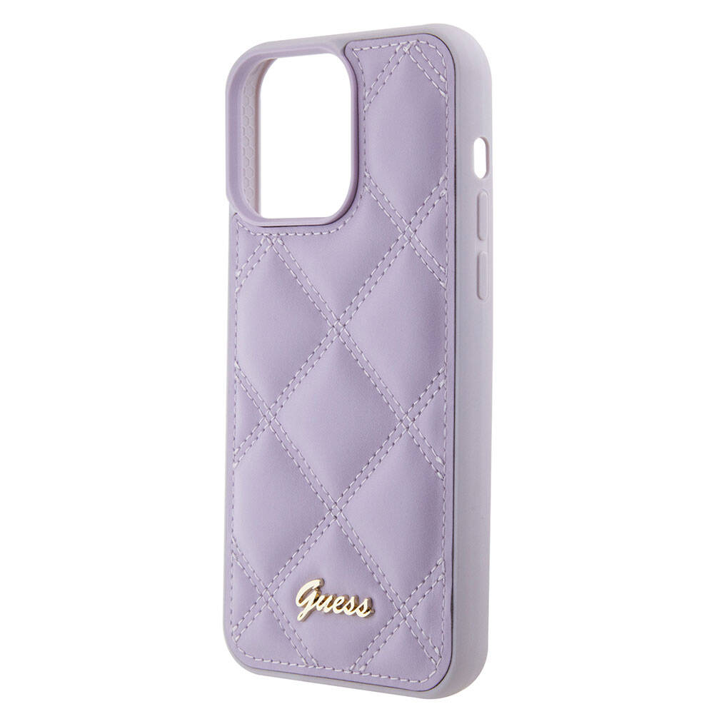 Apple iPhone 15 Pro Max Case Guess Original Licensed PU Leather Metal Lettering Logo Quilted Cover Pink