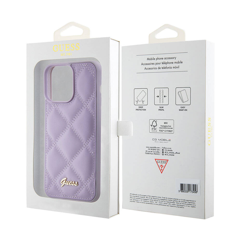 Apple iPhone 15 Pro Max Case Guess Original Licensed PU Leather Metal Lettering Logo Quilted Cover Pink