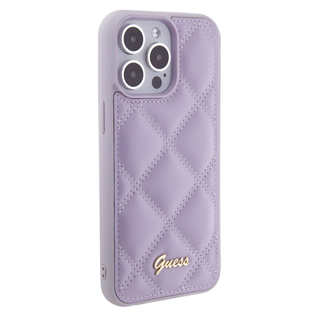 Apple iPhone 15 Pro Max Case Guess Original Licensed PU Leather Quilted Cover with Metal Lettering Logo Light Purple