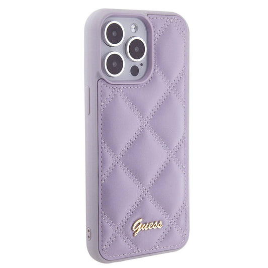 Apple iPhone 15 Pro Max Case Guess Original Licensed PU Leather Quilted Cover with Metal Lettering Logo Light Purple