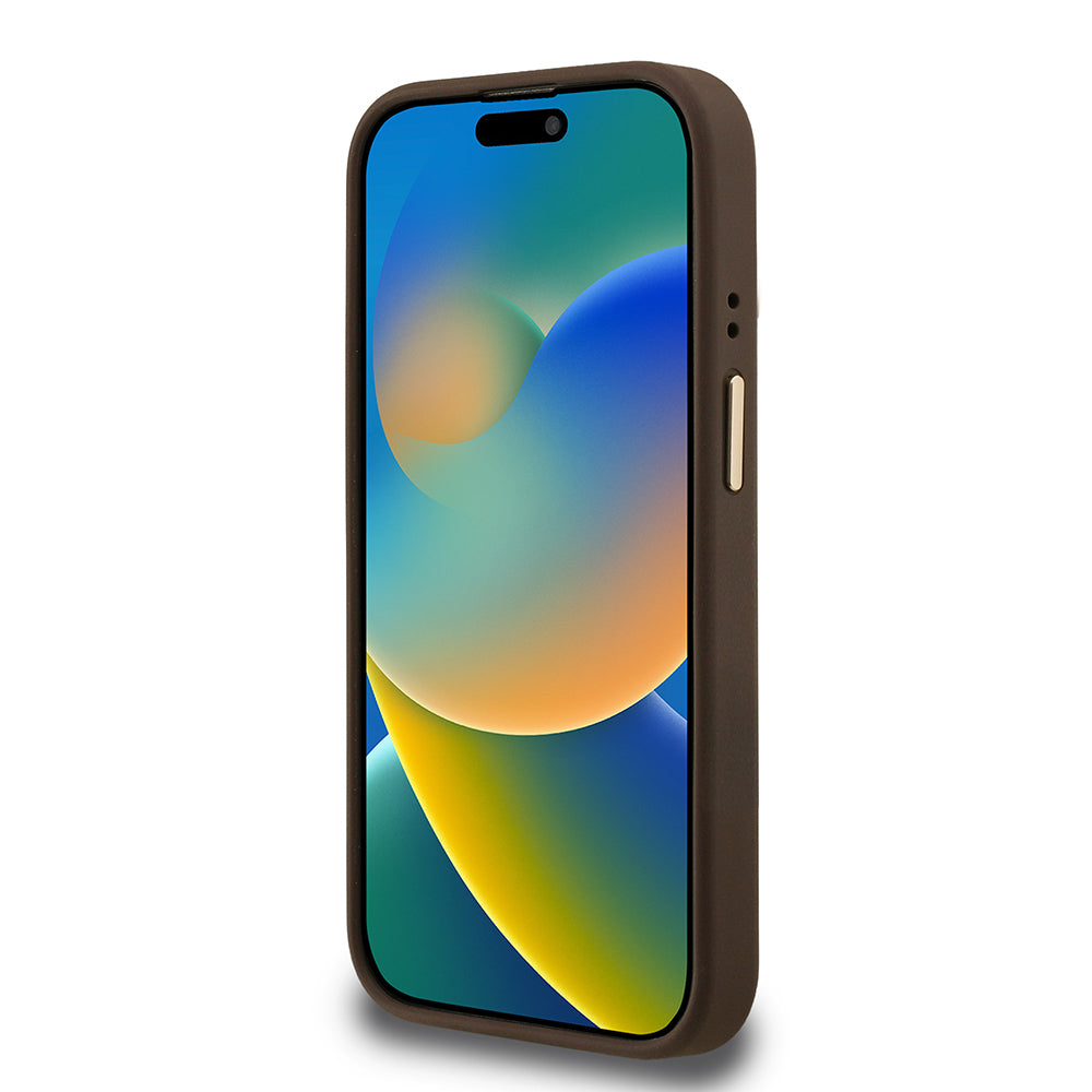Apple iPhone 15 Pro Max Kılıf Guess Orjinal Lisanslı PU Deri Taşlı Üçgen Logo 4G Desenli Kamera Standlı Kapak Siyah