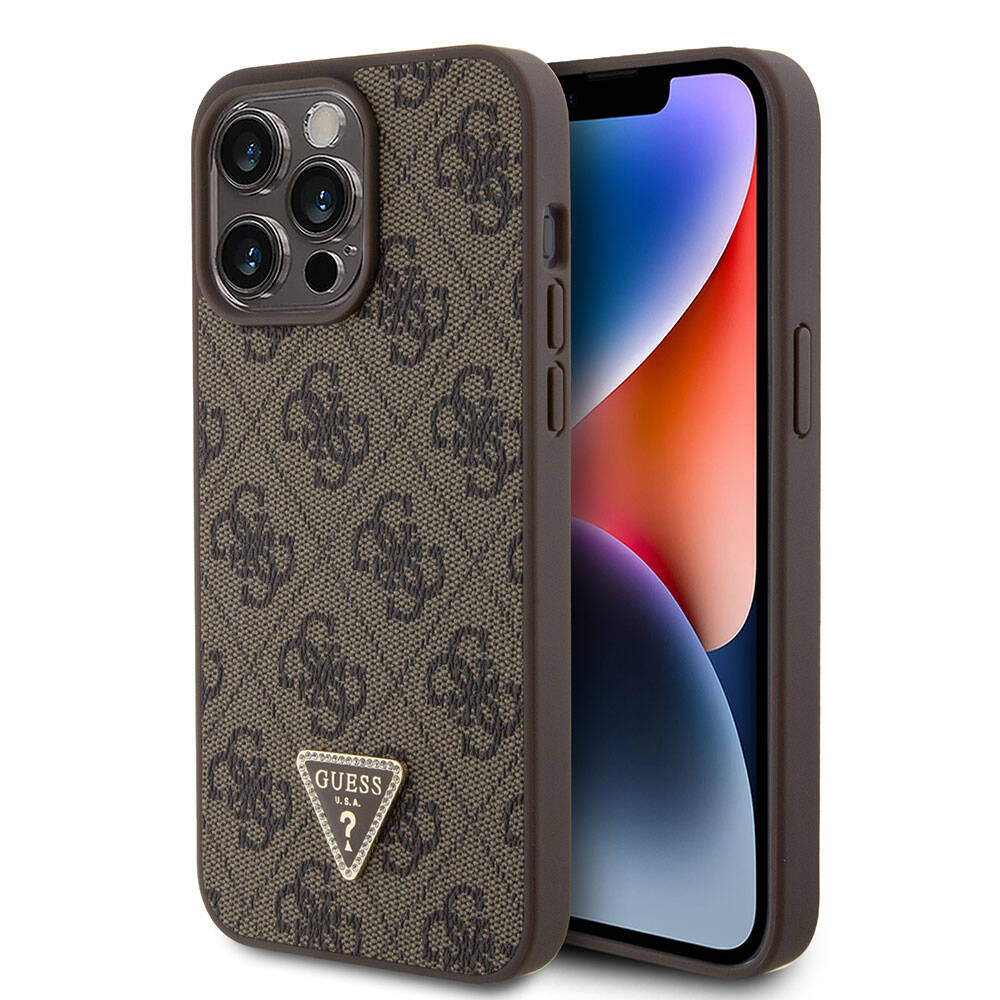 Apple iPhone 15 Pro Max Kılıf Guess Orjinal Lisanslı PU Deri Taşlı Üçgen Logo 4G Desenli Strass Kapak Siyah