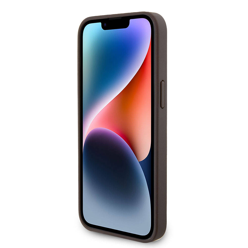 Apple iPhone 15 Pro Max Kılıf Guess Orjinal Lisanslı PU Deri Taşlı Üçgen Logo 4G Desenli Strass Kapak Kahverengi