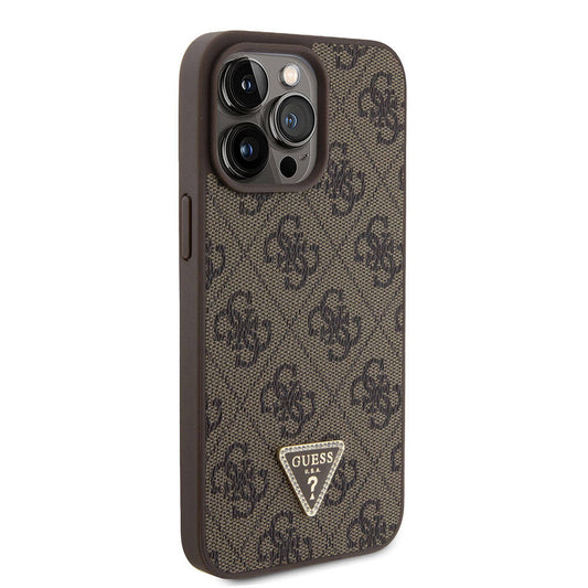 Apple iPhone 15 Pro Max Case Guess Original Licensed PU Leather Stone Triangle Logo 4G Patterned Strass Cover Brown