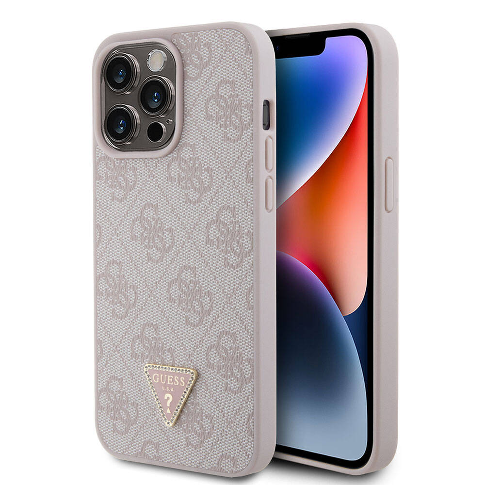 Apple iPhone 15 Pro Max Kılıf Guess Orjinal Lisanslı PU Deri Taşlı Üçgen Logo 4G Desenli Strass Kapak Siyah