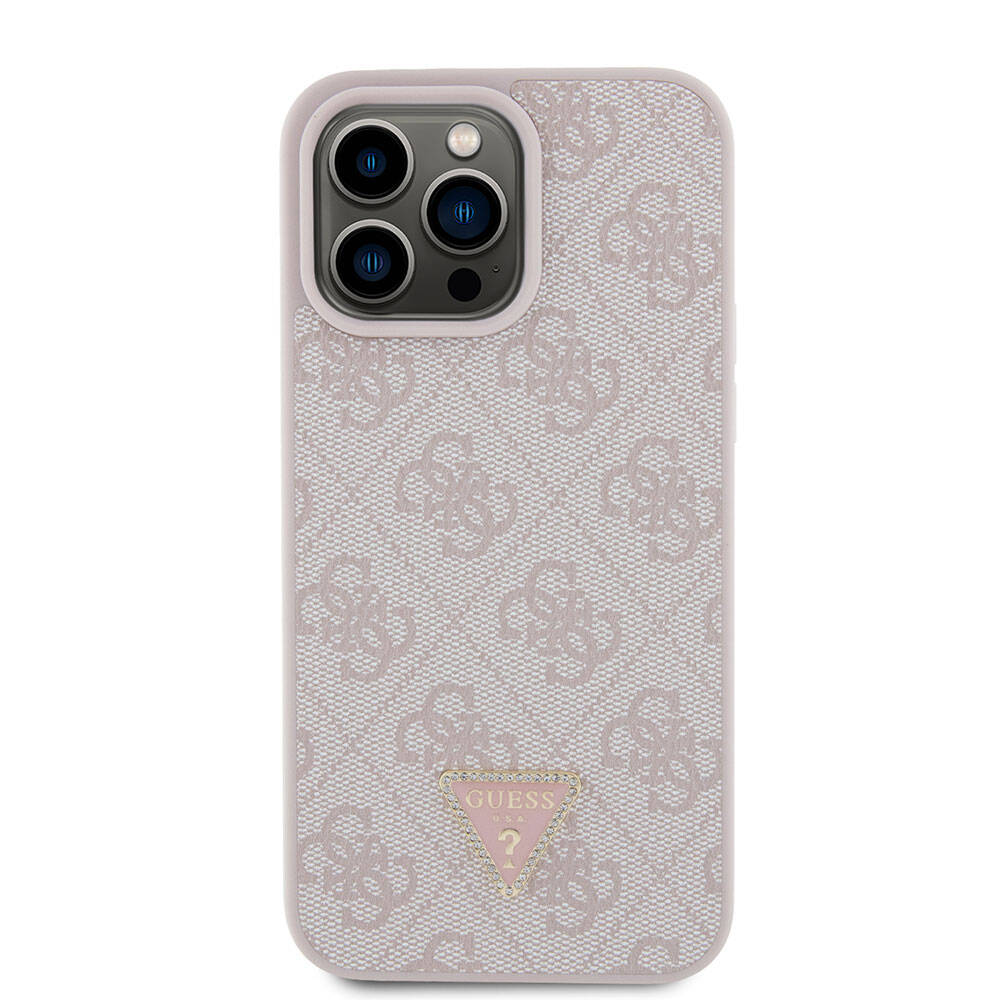 Apple iPhone 15 Pro Max Kılıf Guess Orjinal Lisanslı PU Deri Taşlı Üçgen Logo 4G Desenli Strass Kapak Siyah