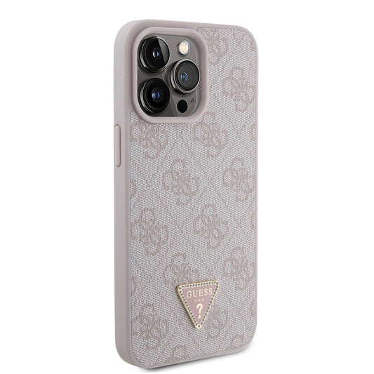 Apple iPhone 15 Pro Max Case Guess Original Licensed PU Leather Stone Triangle Logo 4G Patterned Strass Cover Pink