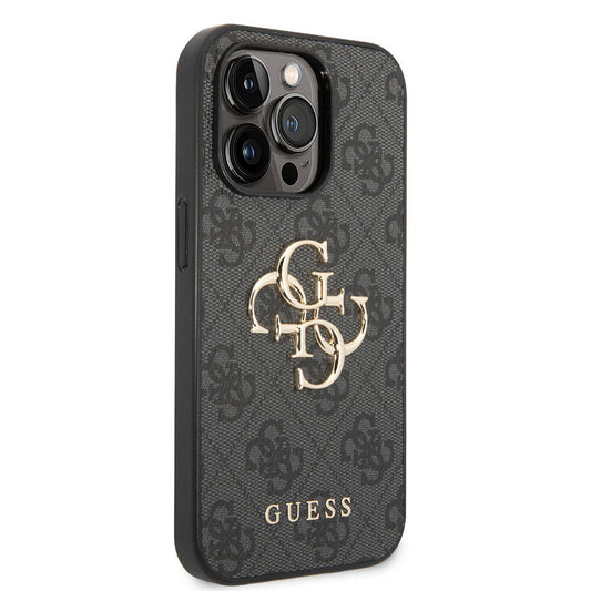 Apple iPhone 15 Pro Max Case Guess Original Licensed PU Leather Cover with Text and 4G Metal Logo Pattern Gray